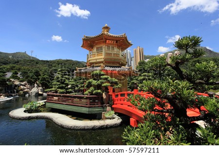 golden pavilion of Chi Lin Nunnery and Chinese garden, landmark in Hong Kong