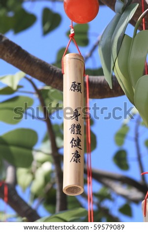 Chinese wish for good health hanging on the wishing tree in Ngong Ping Village facing the Tian Tan Buddha Statue in Hong Kong
