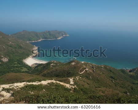 panoramic view of hiking trails leading to Hong Kong Big Wave Bay Beach, landmark beach in Sai Kung district, Hong Kong