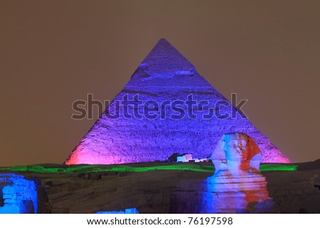 CAIRO, EGYPT - SEPTEMBER 10: Giza pyramid lights up during sound and light show to celebrate the Ramadan Feast festival on September 10, 2010 in Cairo, Egypt.