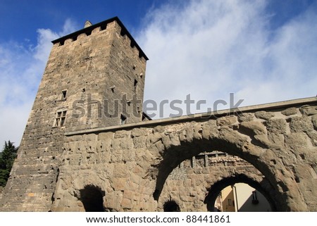 ancient city wall of Porta Praetoria of the city of Aosta, Roman ruins in Northern Italy