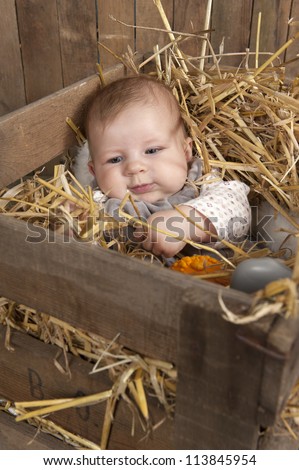 Handle with care ! baby lying in a case with straw