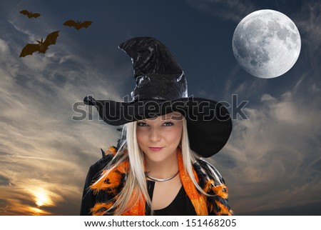beautiful halloween with on dark sky with moon and bats