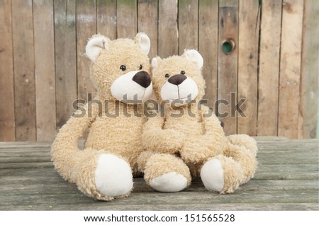 two cute hugging teddy bears, on an old wooden floor