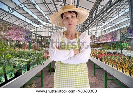 florist with hat in greenhouse among flowers