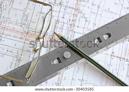 Engineering digital color blueprint with pencil, glasses and steel scale ruler