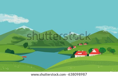 Mountain green valley landscape. Summer season lake scenic view poster. Houses on river bank in Alps mountains. Freehand cartoon outdoors retro style. Vector countryside scene banner background