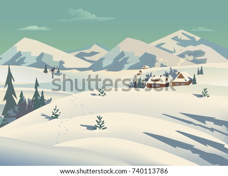 Winter nature landscape. Mountain river in snowy glacier valley. Houses on bank under snow. Lake view among hills, forest. Countryside rural scene background. Cartoon outdoors vector Illustration