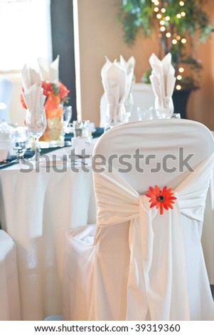 stock photo Focus on the back of a wedding chair and chair cover with 