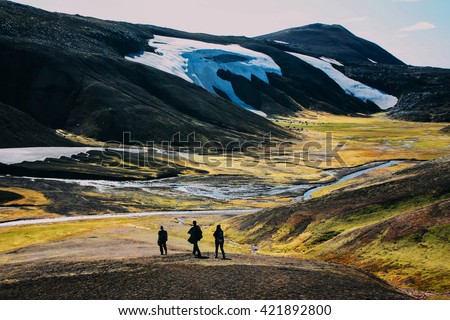 Hiking in Landmannalaugar, mountain landscape with snow in Iceland