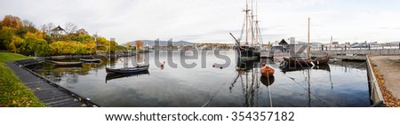 Panoramic Harbor of Museum island - Bygdoy Peninsula with pier and wooden boats, Oslo, Norway