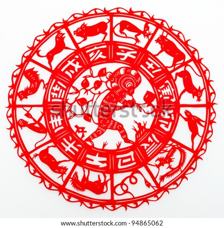 The paper cutting. The Chinese Zodiac.These paper cuttings represent the Chinese Zodiac, such as mouse, ox, and tiger.