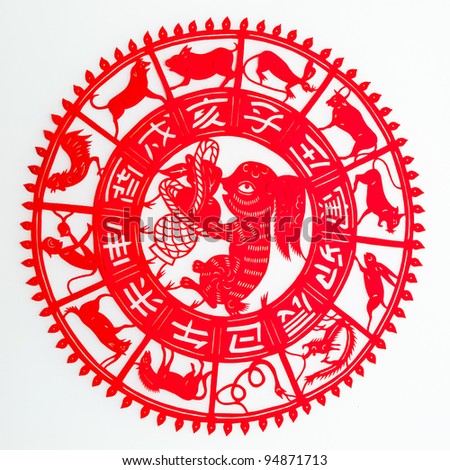 The paper cutting. The Chinese Zodiac.These paper cuttings represent the Chinese Zodiac, such as mouse, ox, and tiger.