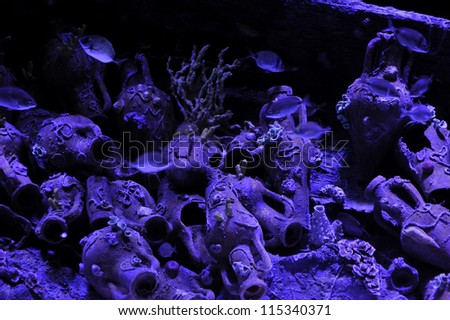 on the ocean floor of the Ancient pots dragotsennastyami among fish