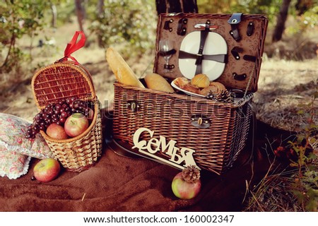 autumn still life in the woods picnic basket with fruit and bread