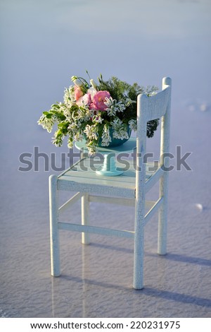 on the shore of the salt sea is a wooden chair with a vase of flowers