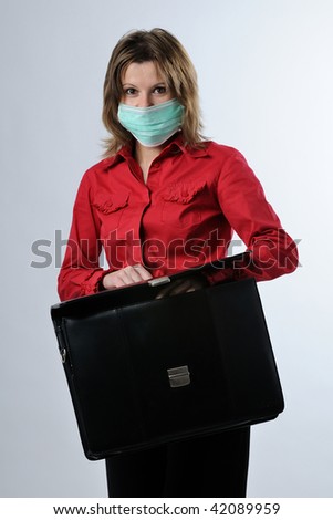 business woman with briefcase and mask