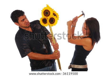 Girl with Hammer beating a guy with flowers