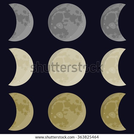 Moon. Moon phases. Moon vector. Yellow, gray, white moon. Full, half moon.