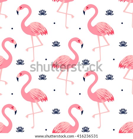 Graphic seamless pattern with cute flamingos and lotus in vector. Bright illustration of nature, animal planet, exotic birds, wildlife, water lilies in pattern. Vector seamless pattern with flamingos