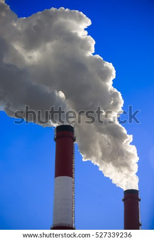 Thick smoke from factory chimneys. Pipe with smoke. Heat energy network. Harmful emissions into the atmosphere. Air pollution and disruption of the Earth\'s ozone layer. Water pollution and nature. 3