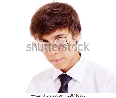 Serious nerd in horn-rimmed spectacles, white shirt and glasses. Isolated on white background, mask included