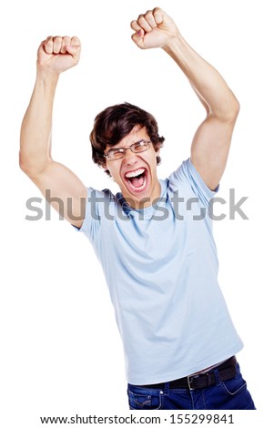 Screaming young man in glasses, blue shirt and jeans with raised fists. Isolated on white background, mask included