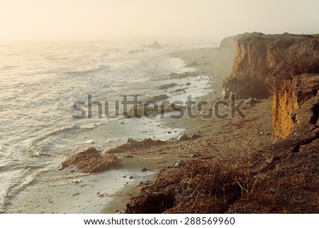 Sea coastal foggy sunset landscape of cliff edge with big cracks and withered plants after landslide