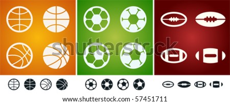 Several versions of team sport balls: basketball, soccer, american football.