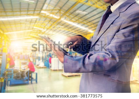 Double exposure authorities Quality Inspector wearing magnifying glasses inspecting a small manufactured part  and factory