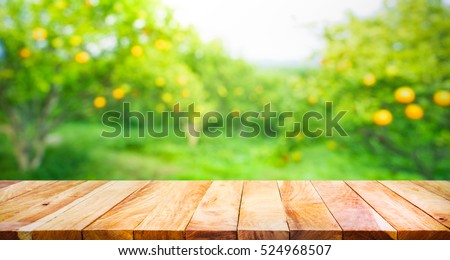 Wood table top with blur of orange garden in the morning.For montage product display or design key visual layout