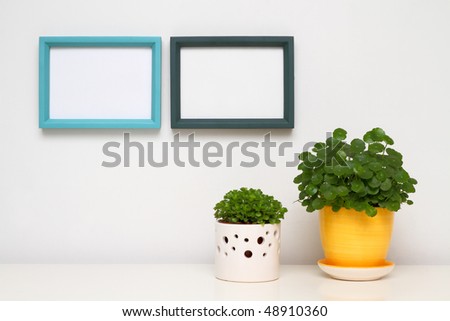 Picture Frame for Home Decoration. Two photo frames on white wall. Potted plants on white table.