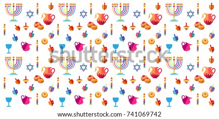 Jewish holiday Hanukkah background with traditional Chanukah symbols - wooden dreidels (spinning top), donuts, menorah, candles, star of David and glowing lights wallpaper pattern.