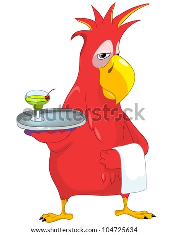 Cartoon Tropical Birds on Cartoon Character Funny Parrot Isolated On White Background  Waiter