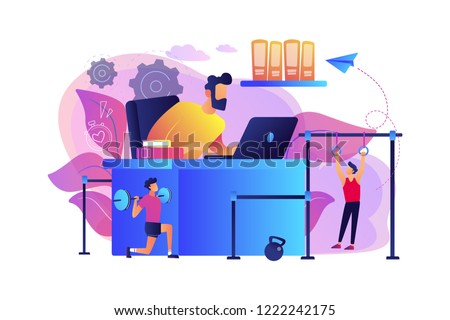Businessman working and exercising in fitness-friendly office. Fitness-focused workspace, health-conscious workspace, modern office concept. Bright vibrant violet vector isolated illustration