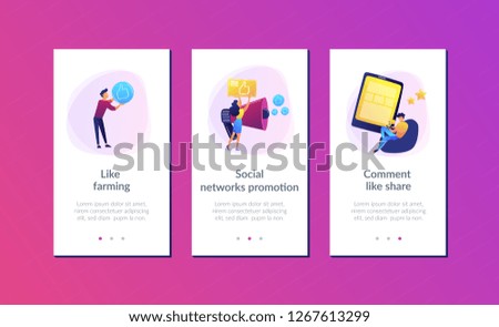 Users with like and share icons and megaphone. Like comment share giveaway, social networks promotion, like farming concept on white background. Mobile UI UX GUI template, app interface wireframe