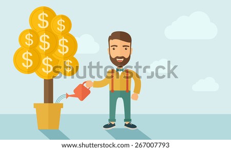 A Caucasian businessman with beard standing while happily watering a money plant growing bigger in a pot as a sign of his success in business. Career, investor concept. A contemporary style with