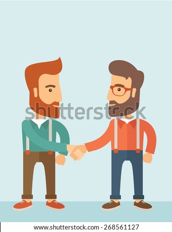 Two hipster Caucasian men standing facing each other handshaking for the successful business deal. Business partnership concept. A contemporary style with pastel palette, soft blue tinted background
