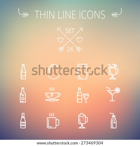 Food and drink thin line icon set for web and mobile. Set includes- soda, wine, whisky, coffee, hot choco, beer, ice tea, egg icons. Modern minimalistic flat design. Vector white icon on gradient mesh