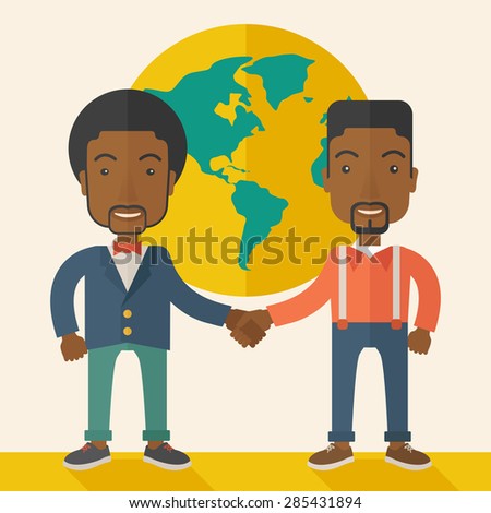 A two black guy happily handshaking with their International or global world corporation business. Partnership concept. A Contemporary style with pastel palette, soft beige tinted background. Vector