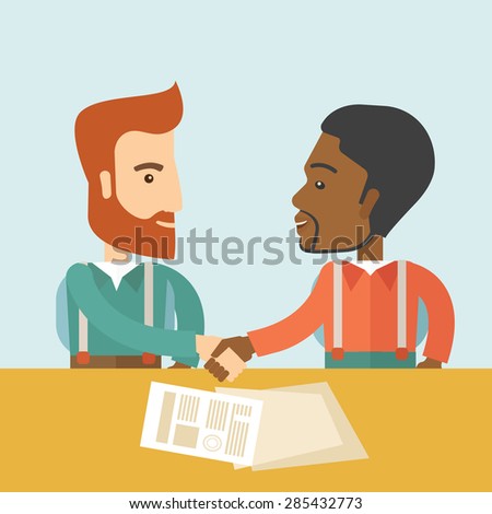 A white and black american businessmen handshaking and  having a business meeting with a contract to be sign. Business partnership concept. A contemporary style with pastel palette soft blue tint