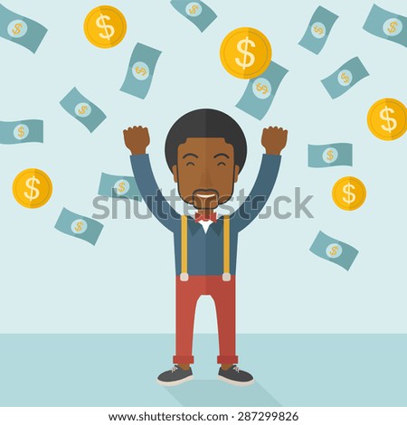 A young and cheerful african gentleman standing under falling raining money shower a coin and bill dollar money. Winner, happy concept. A contemporary style with pastel palette soft blue tinted