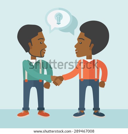 Two Afircan-american guys standing facing each other handshaking for the successful business deal. Business partnership concept. A Contemporary style with pastel palette, soft blue tinted background