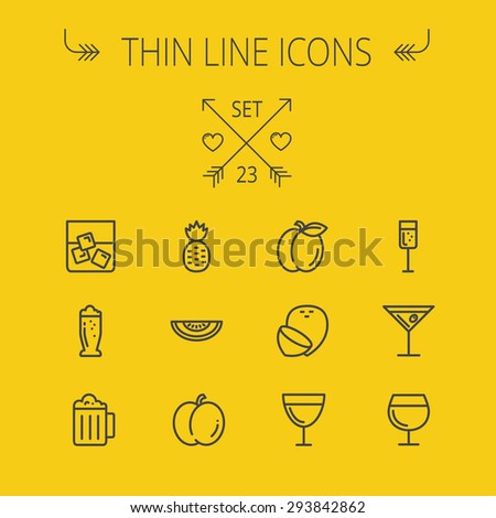 Food and drink thin line icon set for web and mobile. Set includes- pineapple, orange, wine, glass of water with ice, tequilla, beer, melon icons. Modern minimalistic flat design. Vector dark grey