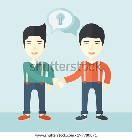 A two asian guys standing facing each other handshaking for the successful business deal. Business partnership concept. A Contemporary style with pastel palette, soft blue tinted background. Vector