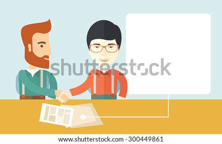 A white american and chinese businessmen handshaking and  having a business meeting with a contract to be sign. Business partnership concept. A contemporary style with pastel palette soft blue tinted