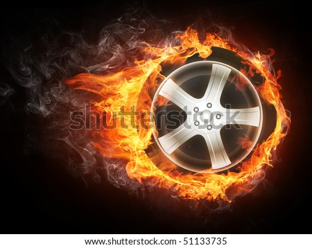Wheel covered in fire