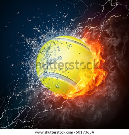 Tennis Ball on Fire and Water. 2D Graphics. Computer Design.