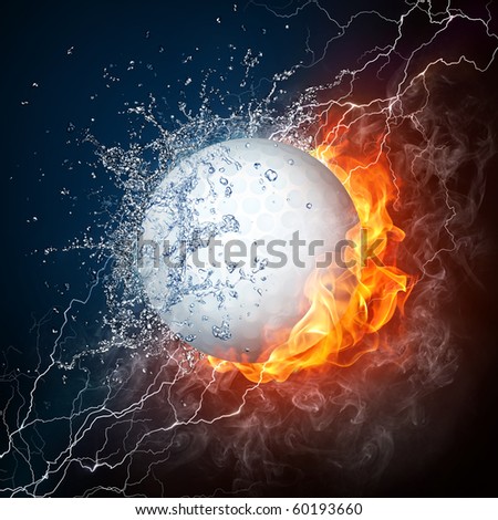 stock photo Golf Ball in fire and water isolated on black background