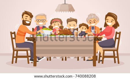 Christmas & Thanksgiving inspired Holiday card with caucasian family celebrating Thanksgiving day turkey at the table. Vector flat design family Holiday weekend illustration for poster, card, banner.